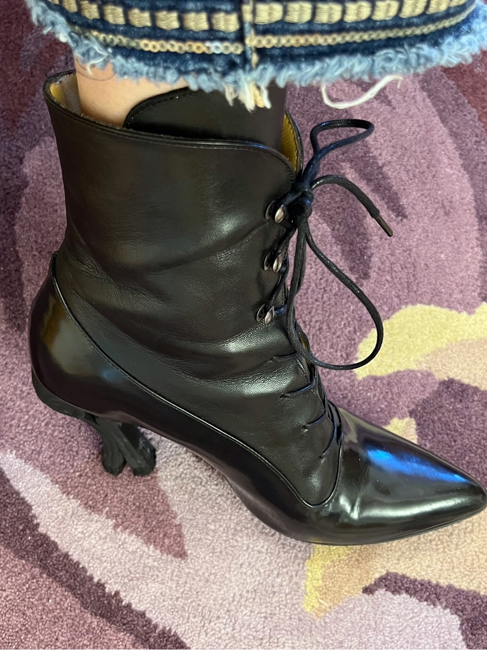 John Fluevog Black Lace-Up Pointed Ankle Boots with Sculpted Heel